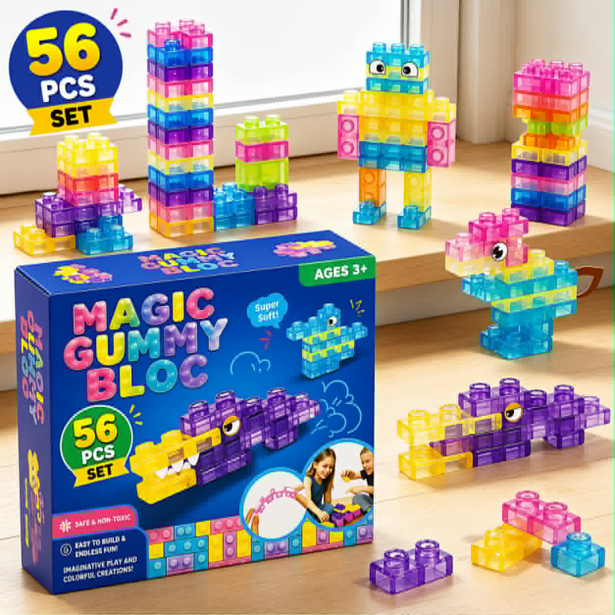 56 56 Pcs Magic Gumm Soft Building Blocks for Kids Food-Grade - Image 1