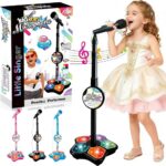 Kids Microphone and Stand Karaoke Machines with Flashing Stage Lights(Black)