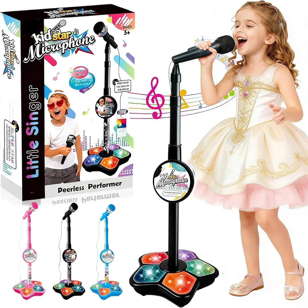 81mxRdHNw6L._AC_UF1000,1000_QL80_ Kids Microphone and Stand Karaoke Machines with Flashing Stage Lights(Black) - Image 1
