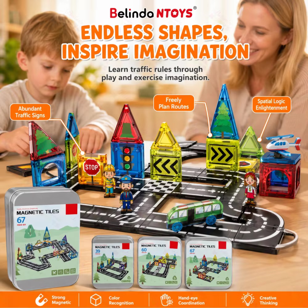 IMG_3301 67 PCS Traffic Magnetic Building Blocks Tiles - Image 1
