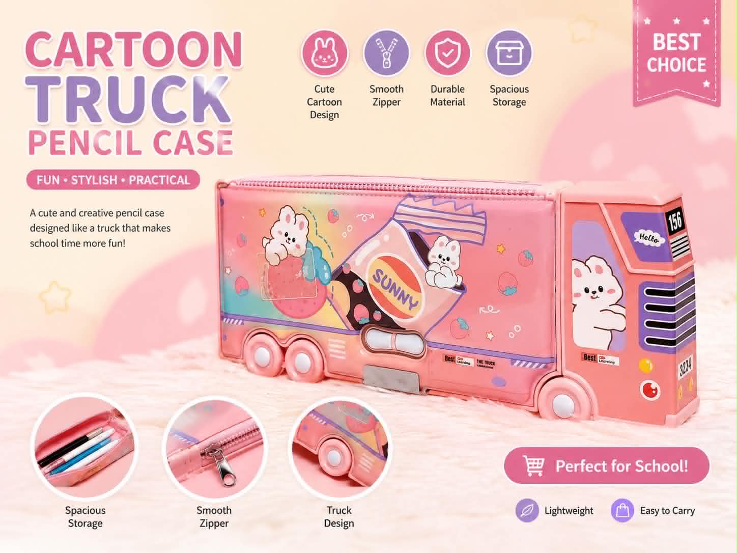 Pink Cute cartoon Truck pencil box33 Pink Cute cartoon Truck pencil box - Image 1